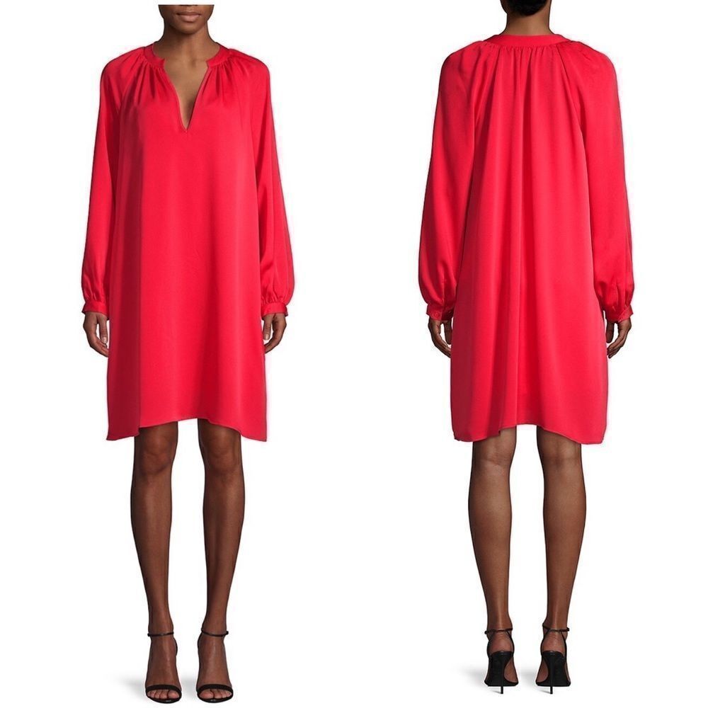 BCBGMAXAZRIA V-Neck Long Sleeve Mini Knee Length Shift Dress Jewel Red M